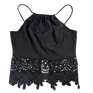 M Love Culture Black Lace Trim Cropped Tank Top Women Size XS S High Neck Halter